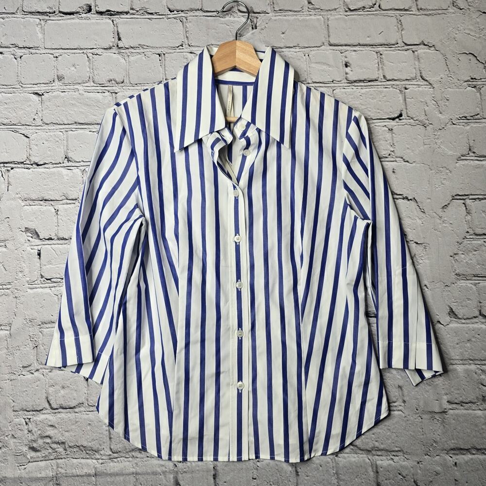 Usonia Womens White Blue Vertical Stripe 100% Cotton 3/4 Sleeve Blouse Size L - Picture 1 of 11